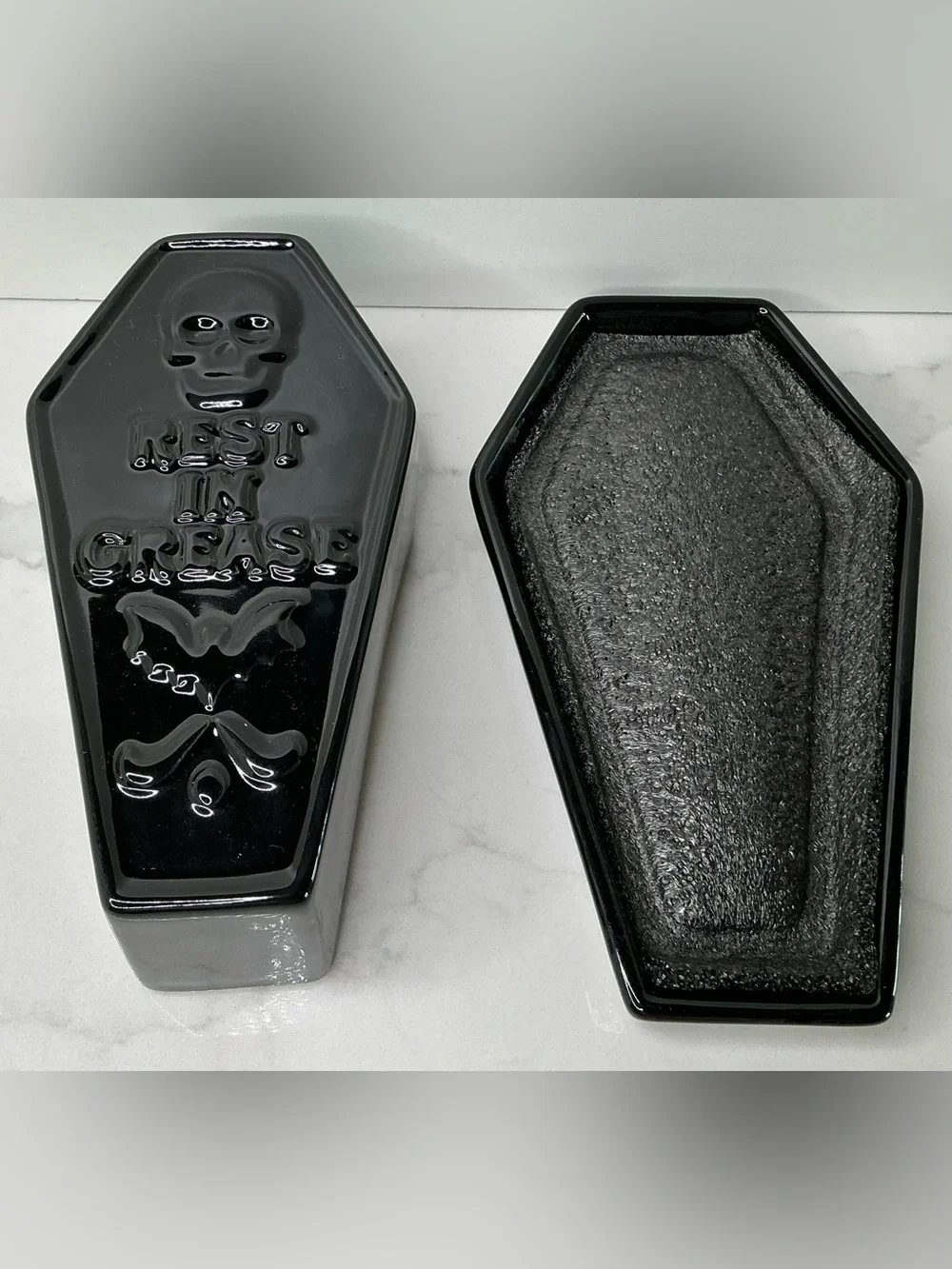 Black Coffin Butter Dish HERE LIES BUTTER - Cobwebs & Caldrons - Halloween New